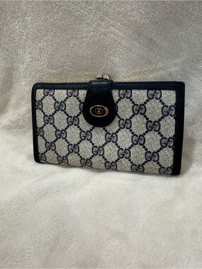 Gucci Navy Trim Beige GG Canvas Continental Wallet